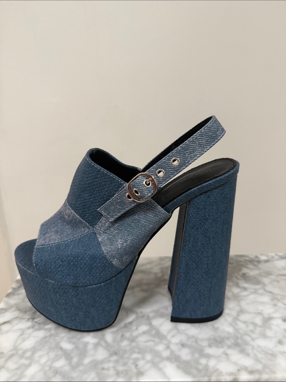 SHEIN Blue Denim Like PU Platform Slingback Heels